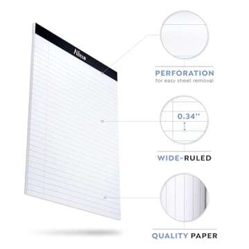 Alitte Legal Notepads 8.5 x 11, Pack of 3 - Perforated Wide Ruled Writing Pad - Premium Thick Paper, No Ink Bleeding - Blank Legal Pads For Home, Office, School, Business - 50 Sheets Per Notebook