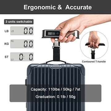 Travel Inspira Luggage Scale,Digital Luggage Scales,Baggage Scale with Overweight Alert LCD Display 110LB / 50KG (Stainless Steel, Black)