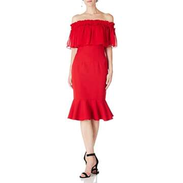 Social Graces Women's Off The Shoulder Sheer Ruffle Fluted Midi Skirt Bodycon Party Dress 2 Rich Red