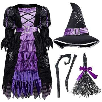 Spooktacular Creations Fairytale Witch Cute Witch Costume Deluxe Set with Broom for Girls (S 5-7)