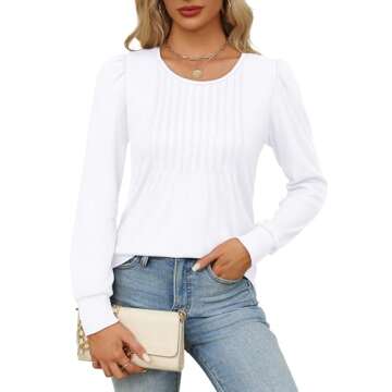 OFEEFAN Womens Long Sleeve Tops Dressy Casual Blouses Fall Fashion Outfits Trendy White Shirts Scooped Neck Pleated S