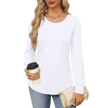 OFEEFAN Womens Long Sleeve Tops Dressy Casual Blouses Fall Fashion Outfits Trendy White Shirts Scooped Neck Pleated S