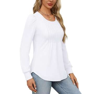 OFEEFAN Womens Long Sleeve Tops Dressy Casual Blouses Fall Fashion Outfits Trendy White Shirts Scooped Neck Pleated S