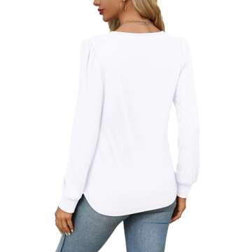 OFEEFAN Womens Long Sleeve Tops Dressy Casual Blouses Fall Fashion Outfits Trendy White Shirts Scooped Neck Pleated S