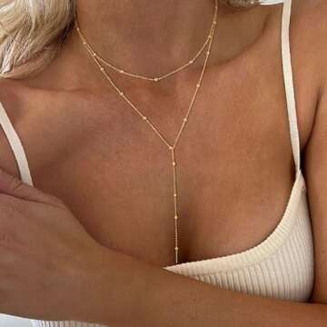 Dainty Long Gold Necklaces for Women,Trendy Lariat Y Necklace 14k Gold Plated Heart Pearl CZ Teardrop Pendant Necklace Simple Gold Drop Necklace Gold Jewelry for Women