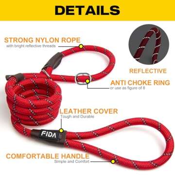 Fida Durable Slip Lead, 6 FT x 1/2" Heavy Duty , Comfortable Strong Rope for Large, Medium Dogs, No Pull Pet Training Loop Leash with Highly Reflective, Red