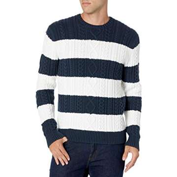 Amazon Essentials Men's Long-Sleeve 100% Cotton Fisherman Cable Crewneck Sweater, Navy White Rugby Stripe, Small