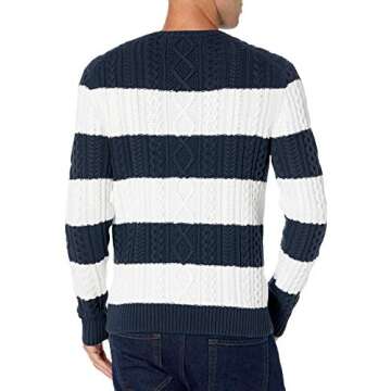 Amazon Essentials Men's Long-Sleeve 100% Cotton Fisherman Cable Crewneck Sweater, Navy White Rugby Stripe, Small