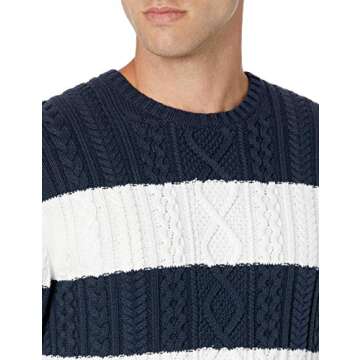 Amazon Essentials Men's Long-Sleeve 100% Cotton Fisherman Cable Crewneck Sweater, Navy White Rugby Stripe, Small