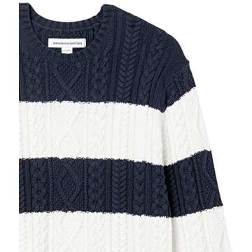 Amazon Essentials Men's Long-Sleeve 100% Cotton Fisherman Cable Crewneck Sweater, Navy White Rugby Stripe, Small