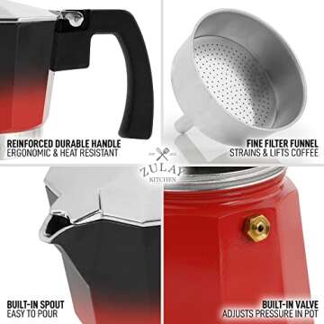 Zulay Kitchen Stovetop Espresso Maker - Moka Pot 5.5 Espresso Cups - Percolator Coffee Maker for Classic Cuban & Italian Style Espresso - Portable Coffee Maker for Camping & Travel - (Black/Red)