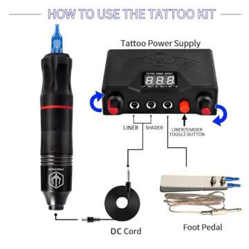 POSEIDON Tattoo Kit Rotary Tattoo Pen Kit for Beginners Tattoo Machine Kit with Power Supply and 10 Pcs Tattoo Cartridge Needles, 6 Color Tattoo Inks with Foot Pedal Tattoo Gun for Artists