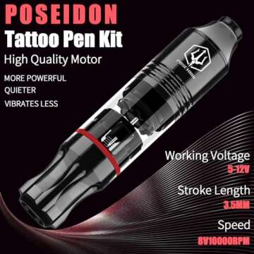 POSEIDON Tattoo Kit Rotary Tattoo Pen Kit for Beginners Tattoo Machine Kit with Power Supply and 10 Pcs Tattoo Cartridge Needles, 6 Color Tattoo Inks with Foot Pedal Tattoo Gun for Artists