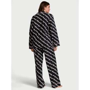 Victoria's Secret Flannel Pajama Set, Long Sleeve Button Down & Pants Set, Sleepwear for Women, Black Ribbon Script (XS)