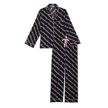 Victoria's Secret Flannel Pajama Set, Long Sleeve Button Down & Pants Set, Sleepwear for Women, Black Ribbon Script (XS)