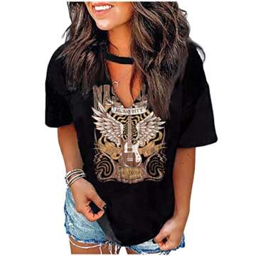 Sexy V Neck T Shirts for Women Tie Dye Hollow Out Blouse Tops Summer Loose Casual Shirt Country Music Graphic Tee Shirts(2XL,Black Rock Tennessee)