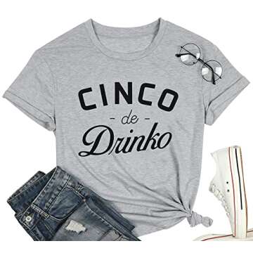 Cinco De Drinko Graphic Cute T Shirt for Women Letter Print Cinco De Mayo Tees Short Sleeve Casual Tops Grey