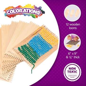 Colorations RLOOM Beginners Wooden Loom, Set of 12, for Kids, Arts & Crafts, Weaving, Craft Activity, Motor Skills, Critical Thinking, Basket, Jewelry, Crochet, Teaching, Educational