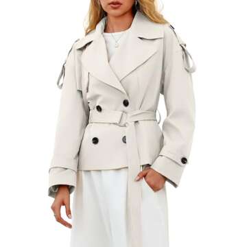 Tankaneo Womens Cropped Trench Coat Casual Double Breasted Short Jacket Fall Fashion Outerwear with Belt