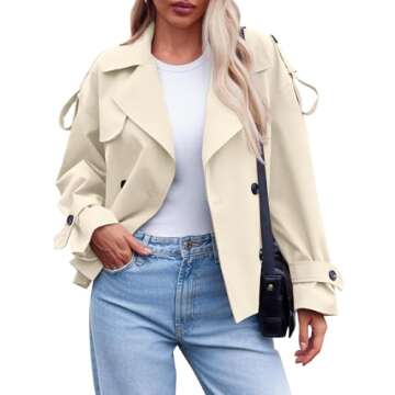 Tankaneo Womens Cropped Trench Coat Casual Double Breasted Short Jacket Fall Fashion Outerwear with Belt