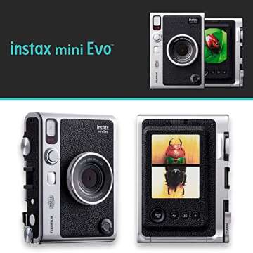 Fujifilm Instax Mini EVO Hybrid Instant Camera Black Bundle with Instax Mini Instant Film 20 Sheets, 32GB microSD Card, Vintage Style Black Camera Case, Bundle