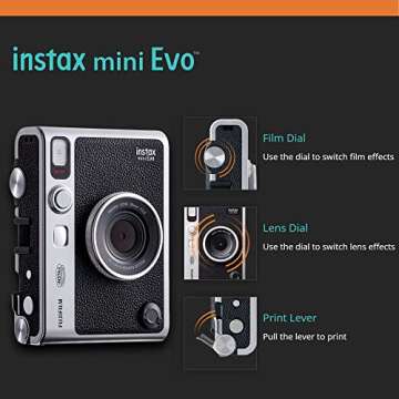 Fujifilm Instax Mini EVO Hybrid Instant Camera Black Bundle with Instax Mini Instant Film 20 Sheets, 32GB microSD Card, Vintage Style Black Camera Case, Bundle