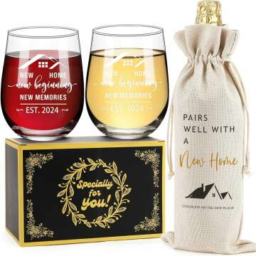 Housewarming Gifts Set: Stemless Wine Glasses & Bag for New Home