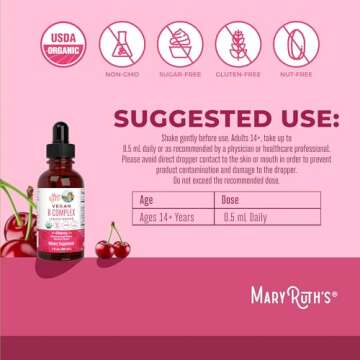 MaryRuth Organics Vitamin B Complex | B Vitamins Complex | Biotin | Vitamin B12 | Niacin | Folate | Metabolic Support Supplement | Vegan | USDA Organic | Non-GMO | Gluten Free | 2 Month Supply