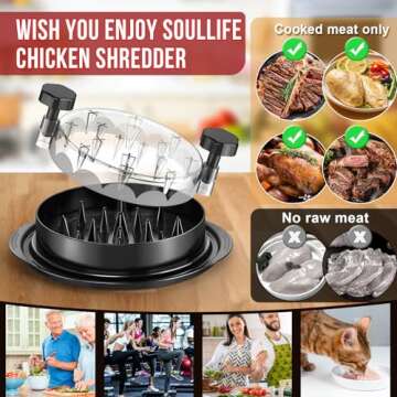 SoulLife Chicken Shredder 8 Inches, Chicken Breast Shredder Tool, Cooked Meat Shredder With Clear Lid, Ergonomic Design, Auti-slip, Easy To Clean, Chicken Shredder Tool Twist, Chicken Grinder (Black)