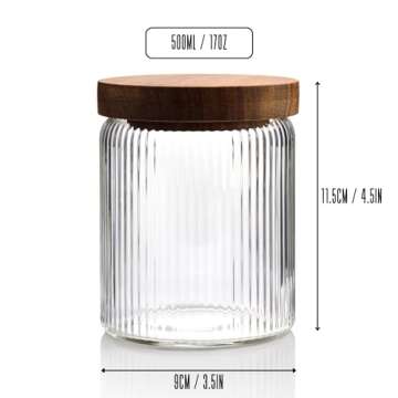 Mason & Fable Ribbed Glass Jar with Wooden Lid 17oz, Set of 3 | Airtight Fluted Glass Storage Canisters for Food, Tea, Coffee/Candy | Glass Organization Canisters for Home & Kitchen