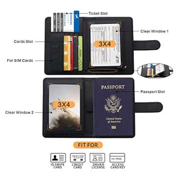 Deziliao Passport and Vaccine Card Holder Combo, PU Leather Passport Holder with Vaccine Card Slot, Passport Wallet for Men and Women (Black-fly)