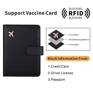 Deziliao Passport and Vaccine Card Holder Combo, PU Leather Passport Holder with Vaccine Card Slot, Passport Wallet for Men and Women (Black-fly)