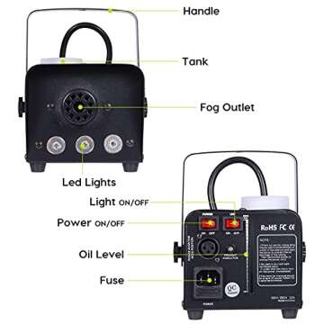 Fog Machine JDR Smoke Machine Controllable LED Light 500W and 2000CFM Fog Disinfection with Wireless and Wired Remote Control for Weddings, Halloween,Parties or Disinfection,with Fuse Protection