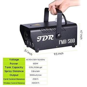 Fog Machine JDR Smoke Machine Controllable LED Light 500W and 2000CFM Fog Disinfection with Wireless and Wired Remote Control for Weddings, Halloween,Parties or Disinfection,with Fuse Protection