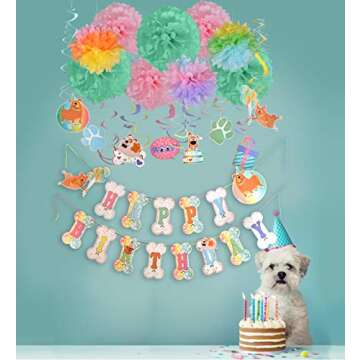 Paper Jazz Puppy Dog Theme Party Decoration Hanging Happy Birthday Banner Dog Swirls Tissue Poms for Baby Shower Party