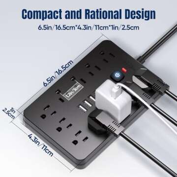 2PCS JouleLoom 6 FT Flat Plug Surge Protector Power Strip,11 Multiple AC Outlets with 6 USB Ports (2 USB C), 6 Feet Extension Cord, 1875W/15A, One Touch Switch Button, 17 in 1 Compact powerstrip