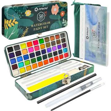 Artecho 50 Color Watercolor Paint Set with Travel Kit & Brushes