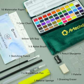 Artecho Watercolor Paint Set - 50 Colors & Brushes