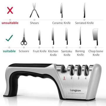 Longzon 4-in-1 Knife Sharpener [4 stage] with a Pair of Cut-Resistant Glove, Original Premium Polish Blades, Best Kitchen Knife Sharpener Really Works for Fruit Knife and Steel Knives, Scissors.