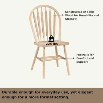 IC International Concepts Windsor ArrowBack Chair-Plain Legs 225lbs wt Capacity, Solid Real Wood, Sturdy Parawood, 19.25"W x 19.75"D x 38.25"H, DIY, Paint/Stain Ready, Unfinished