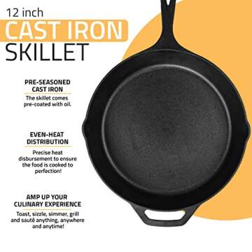 Utopia Kitchen Saute Fry Pan - Chefs Pan, Pre-Seasoned Cast Iron Skillet - Frying Pan 12 Inch - Safe Grill Cookware for Indoor & Outdoor Use - Cast Iron Pan - Cooking Gifts for Men & Women (Black)