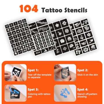 ANTIKE Temporary Tattoo Markers for Skin,12 Colors Washable Body Tattoo Pens+104 Unique Tattoo Stencils,Body Markers Temporary Tattoo Kit for Teens and Adult ZYH2311001KIT