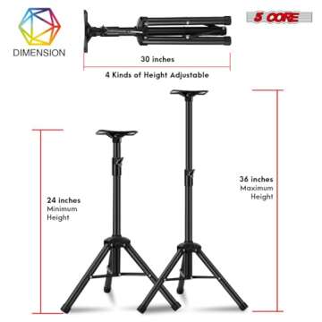 5 Core Speaker Stand Tripod Floor Heavy Duty Adjustable 24 to 36 Inch DJ Studio Short Monitor Stands Pole Mount - SS HD 1PK 3FT BLK WOB