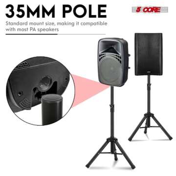 5 Core Speaker Stand Tripod Floor Heavy Duty Adjustable 24 to 36 Inch DJ Studio Short Monitor Stands Pole Mount - SS HD 1PK 3FT BLK WOB