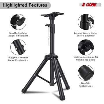 5 Core Speaker Stand Tripod Floor Heavy Duty Adjustable 24 to 36 Inch DJ Studio Short Monitor Stands Pole Mount - SS HD 1PK 3FT BLK WOB