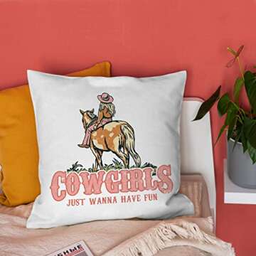 Burosev Cowgirls Just Wanna Have Fun Soft Throw Pillow Cover, Retro Cowgirl Cowboy Horses Decorative Pillowcase, Motivational Western Decor Decorations for Home Bedroom Sofa Girls Room (18 x 18 Inch)