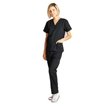 Dagacci Medical Uniform Womens and Mens Scrub Set Unisex Medical Scrub Shirt Top and Pant, Black, X-Small, Short Sleeve