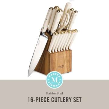 Martha Stewart 16 Piece Lockton High Carbon Stainless Steel Cutlery Kitchen Knife Block Set W/ABS Tripe Riveted Forged Handle Acacia Wood Block - Linen White W/Gold