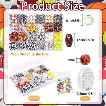 400 Pcs Sports Ball Beads for Jewelry Making, Acrylic Sports Beads Bulk, Baseball Basketball Soccer Volleyball Softball Football Beads with Box, Sports Spacer Beads for DIY Crafts Key Chains Bracelet