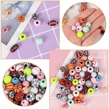 400 Pcs Sports Ball Beads for Jewelry Making, Acrylic Sports Beads Bulk, Baseball Basketball Soccer Volleyball Softball Football Beads with Box, Sports Spacer Beads for DIY Crafts Key Chains Bracelet